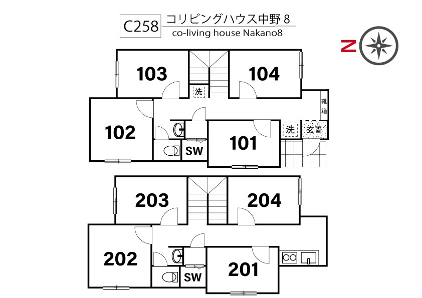 C258 co-living house Nakano 8間取り図