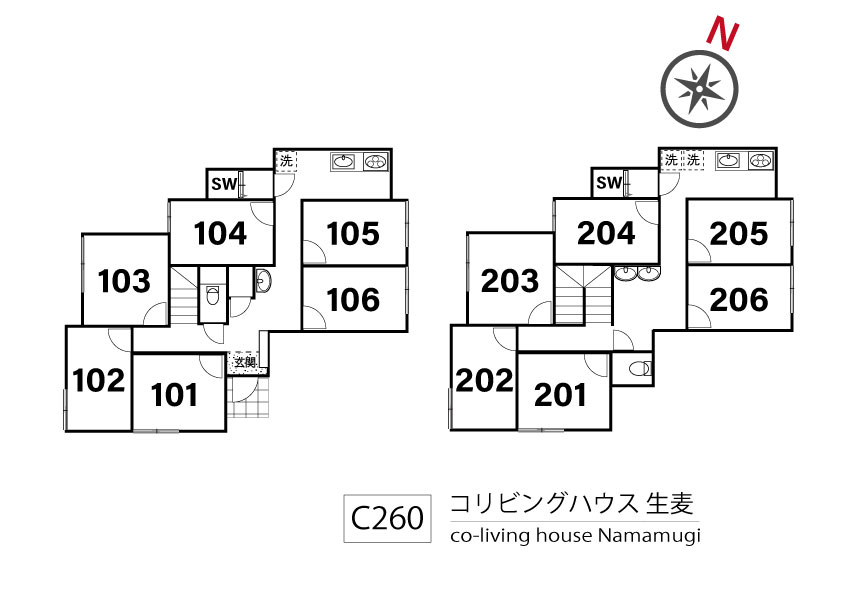 C260 co-living house Namamugi間取り図