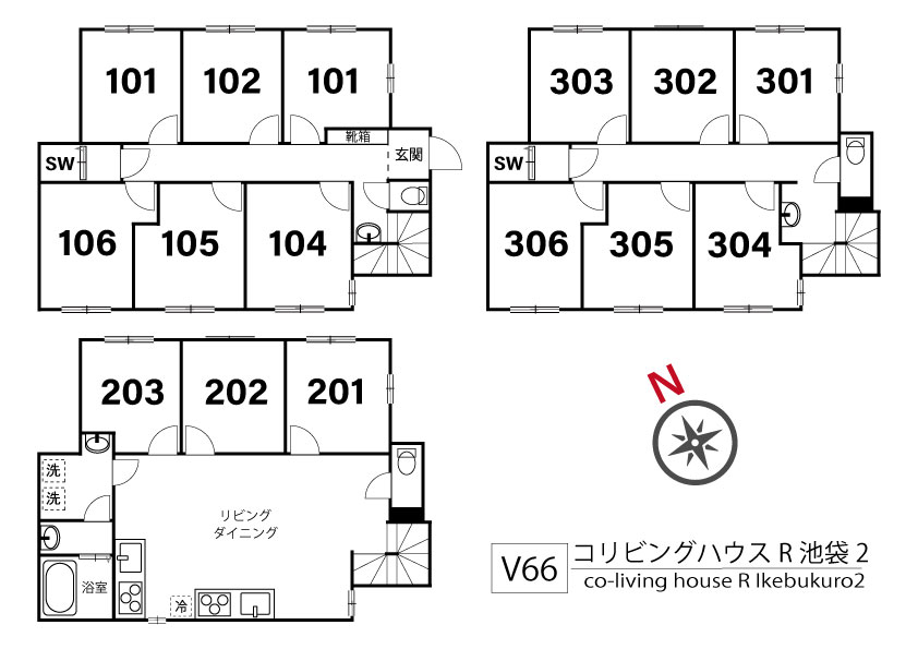 V66 Co-living House R 池袋2間取り図