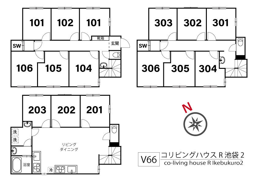 V66 co-living house R Ikebukuro 2間取り図