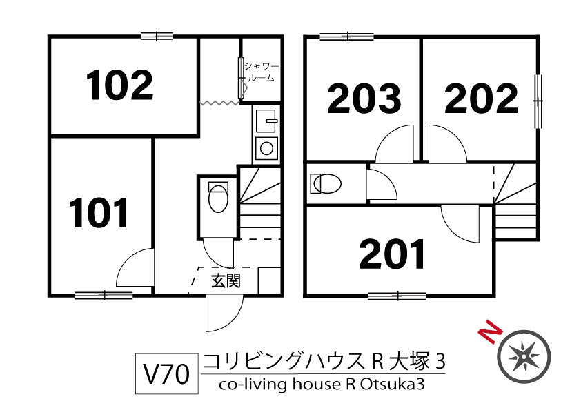 V70 co-living house R Otsuka3間取り図