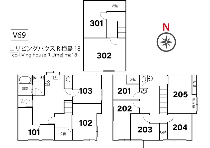 V69 co-living house R Umejima18間取り図