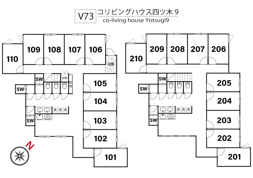 V73 co-living house R Yotsugi9間取り図