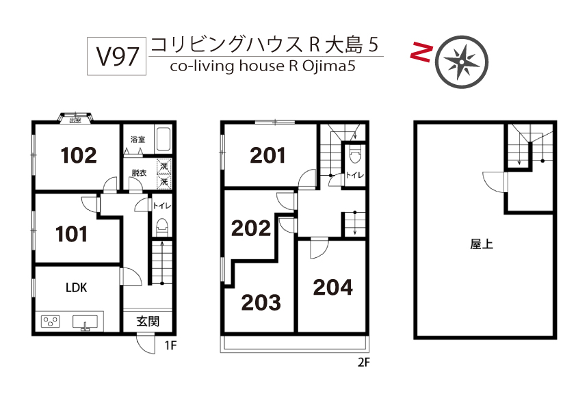 V97 co-living house R Ojima 5間取り図